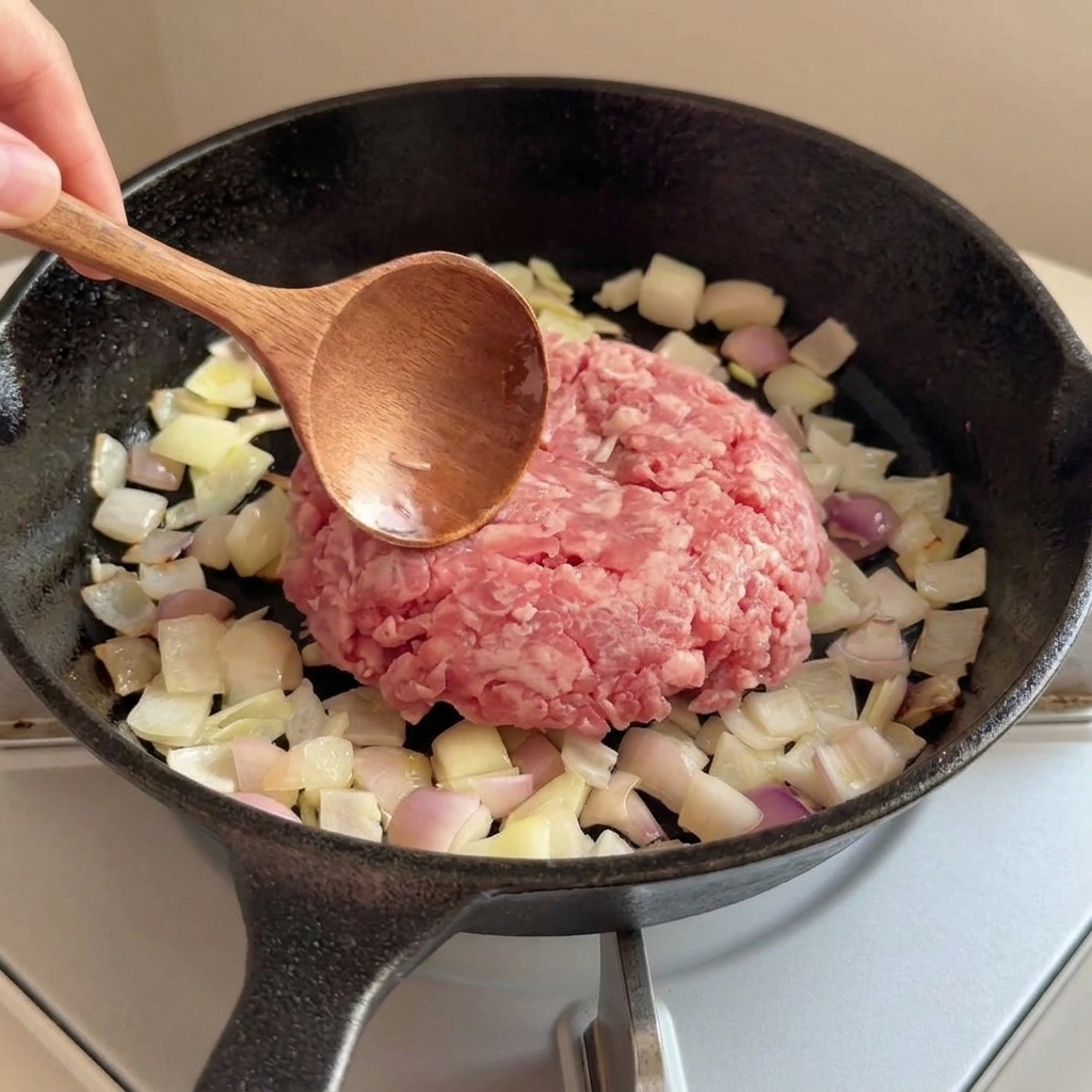 Carne de res molida cruda colocada sobre cebollas sofritas en una sartén negra.