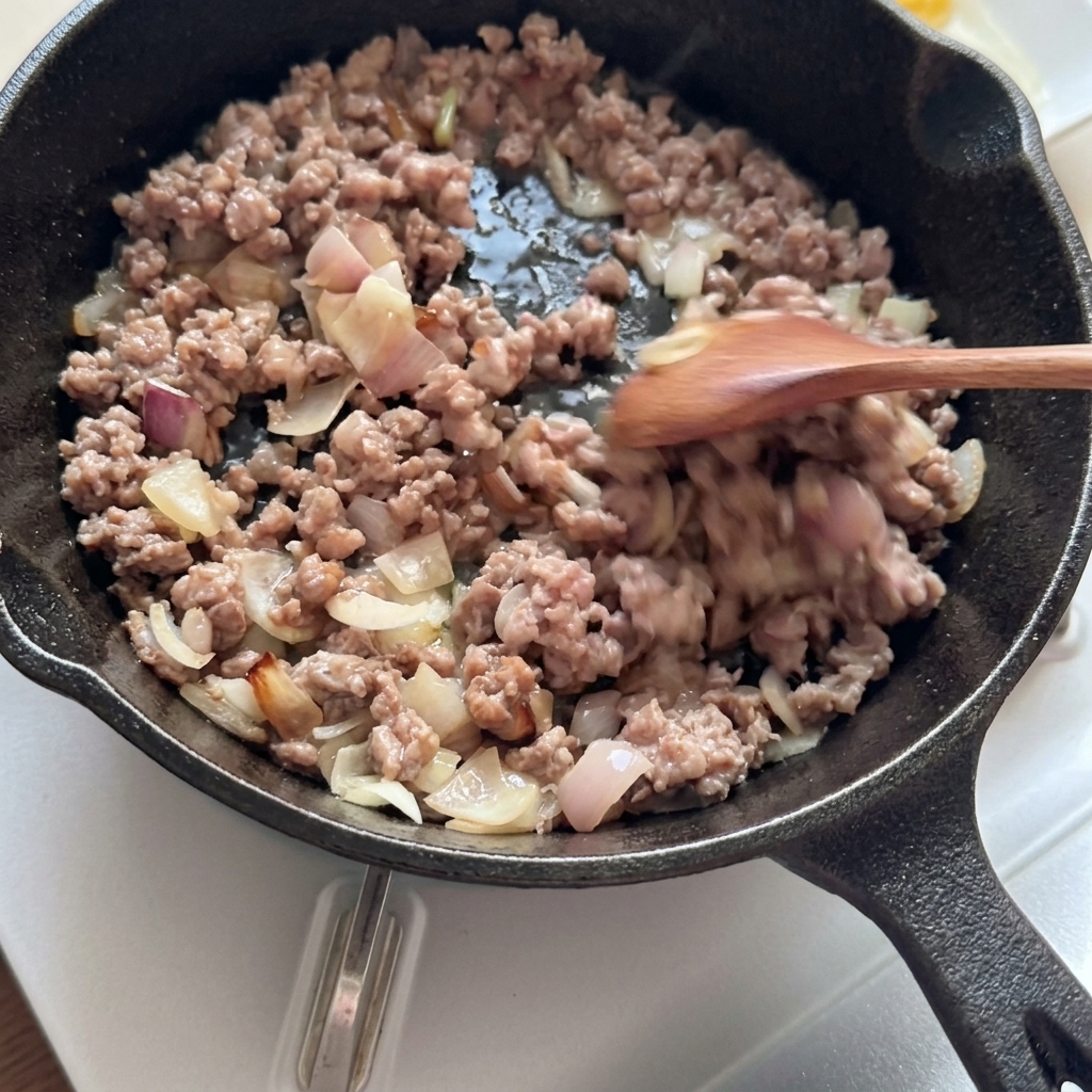 Carne molida dorada y cebollas mezclándose en una sartén de hierro.