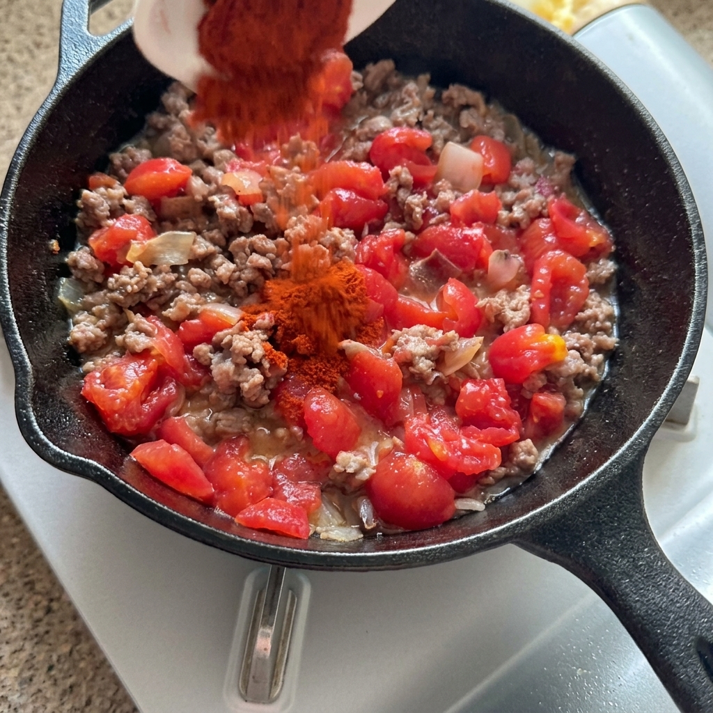 Añadiendo pimentón rojo en polvo a una sartén con carne molida dorada y tomates picados.