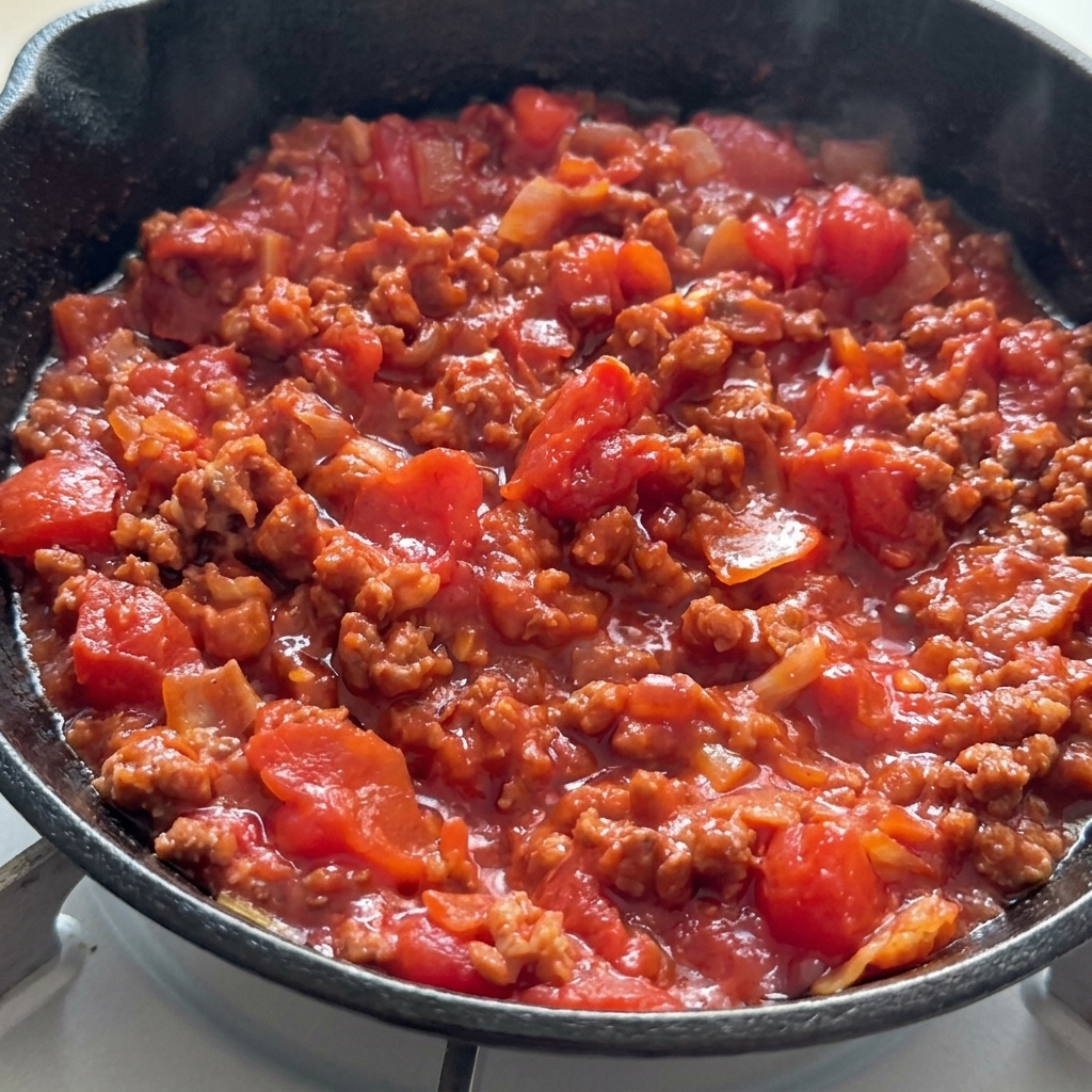 Una salsa de tomate y carne espesa y burbujeante cocinándose en una sartén de hierro.