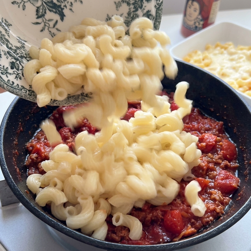 Coditos de pasta vertiéndose desde un plato a una sartén con salsa de carne y tomate.