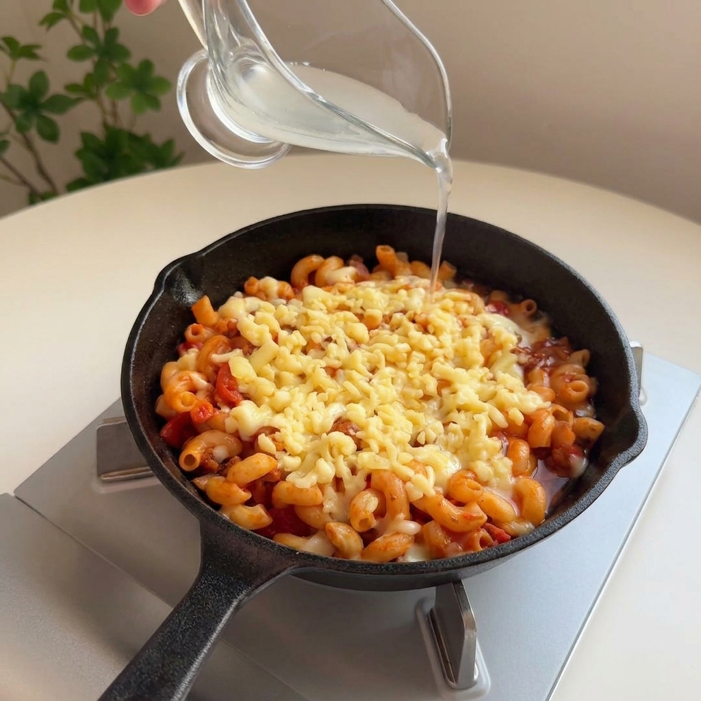Agua de pasta vertiéndose desde una pequeña jarra por los bordes de la sartén.