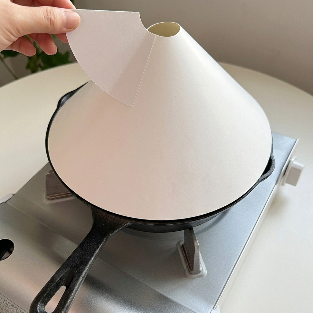Una mano colocando una tapa de papel cónica sobre la sartén de hierro.