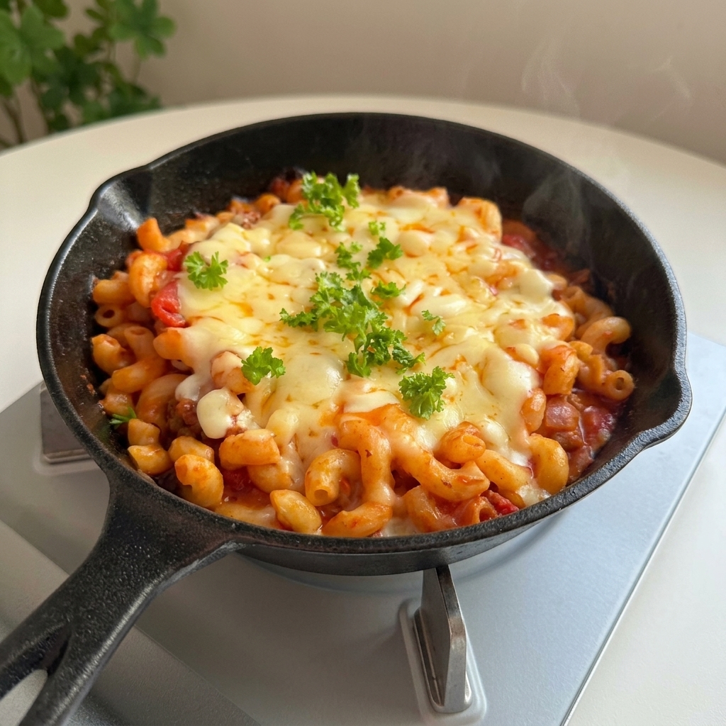 Sartén de hierro humeante con coditos con queso y carne, decorada con perejil fresco picado.
