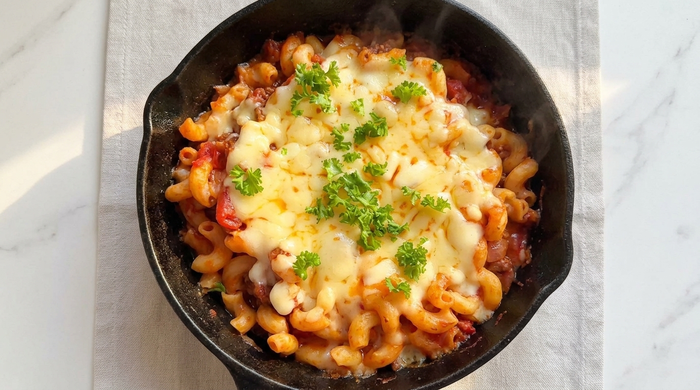 Una sartén de hierro fundido con coditos en salsa de carne y tomate, cubiertos con abundante mozzarella fundida y perejil fresco.