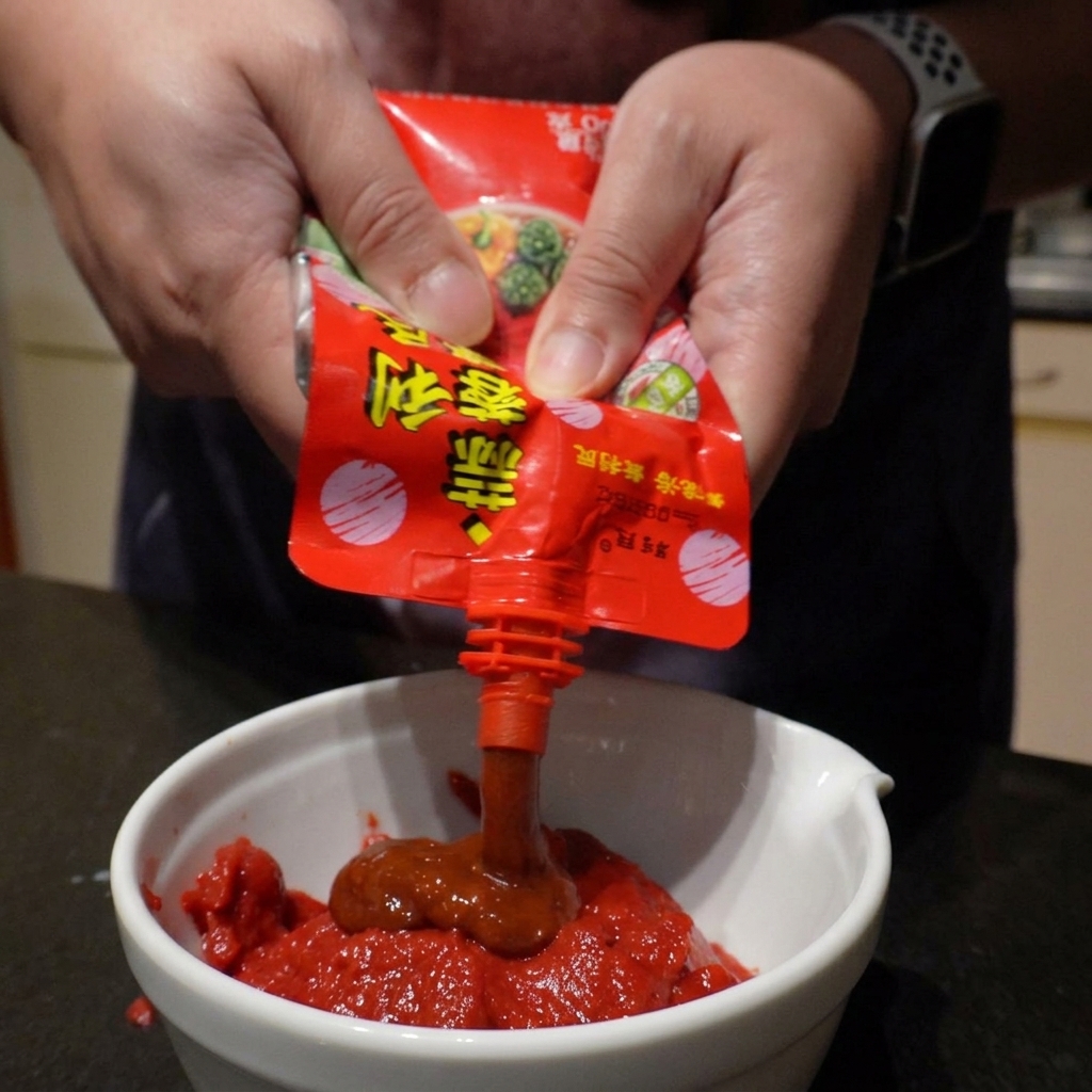 Manos vertiendo salsa de chile y ajo en un bol blanco con concentrado de tomate espeso.