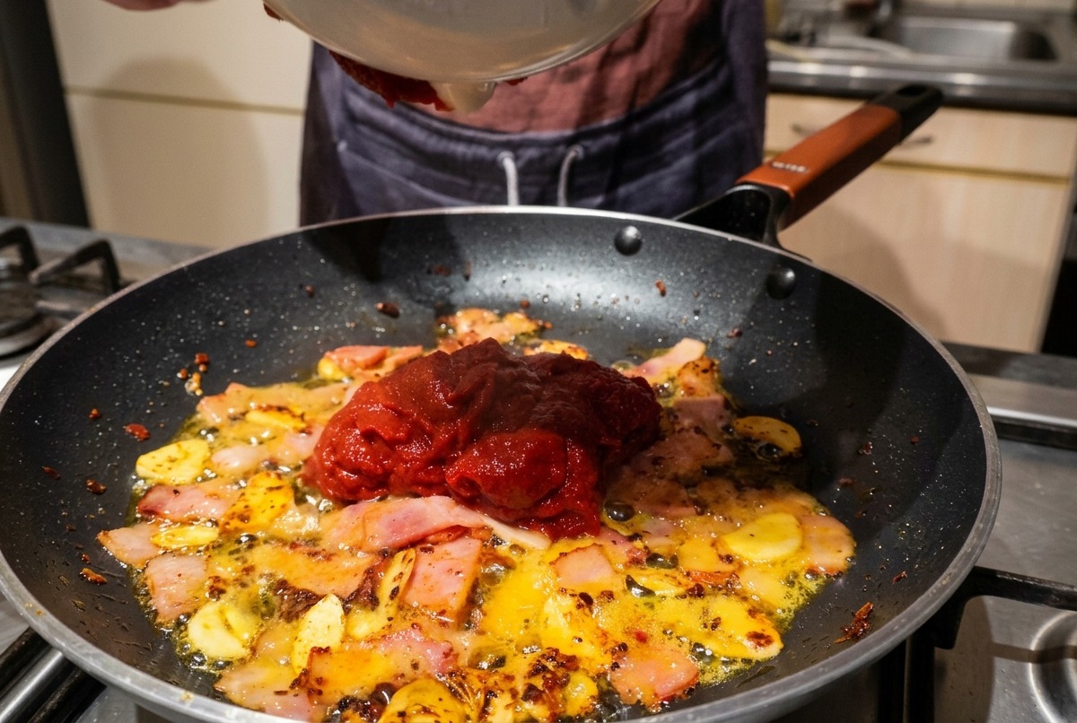 Mezcla espesa de tomate y chile vertiéndose desde un bol blanco a una sartén con bacon y ajo.