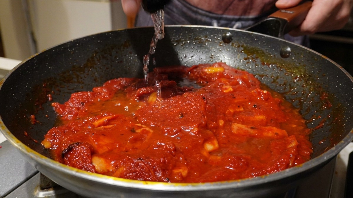 Vertiendo líquido transparente desde un medidor a una salsa de tomate roja que burbujea en una sartén oscura.