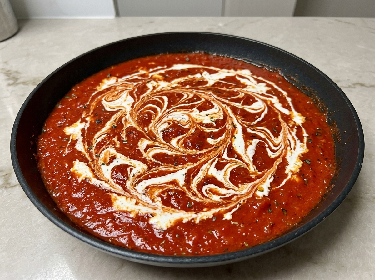 Sartén con salsa de tomate roja donde se ven hilos blancos de nata integrándose en espiral.