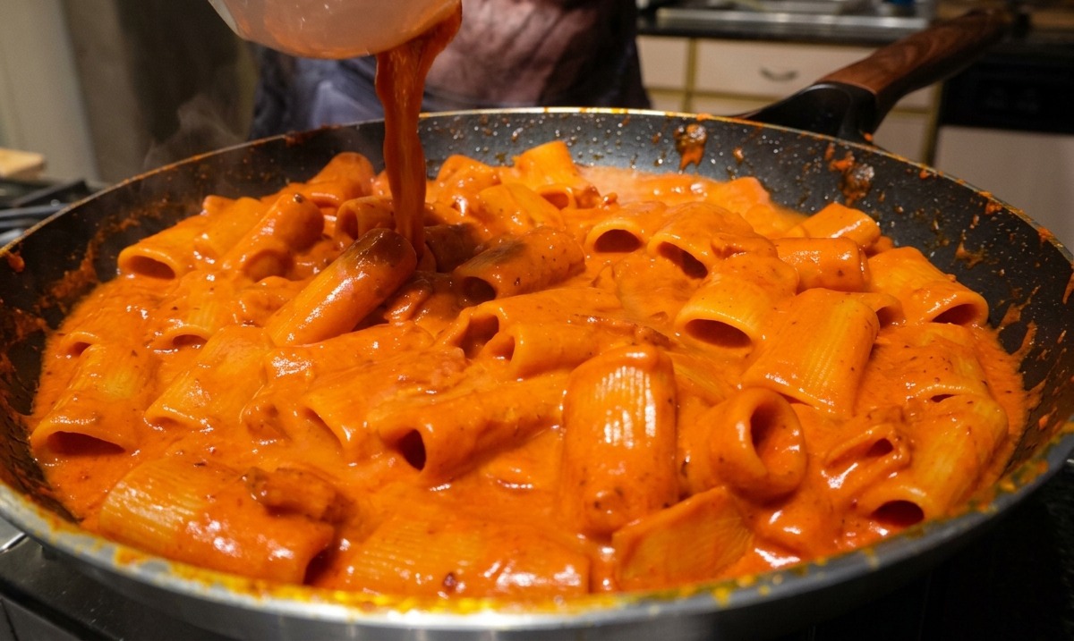 Vertiendo agua de cocción de la pasta desde un bol a la sartén con el rigatoni.