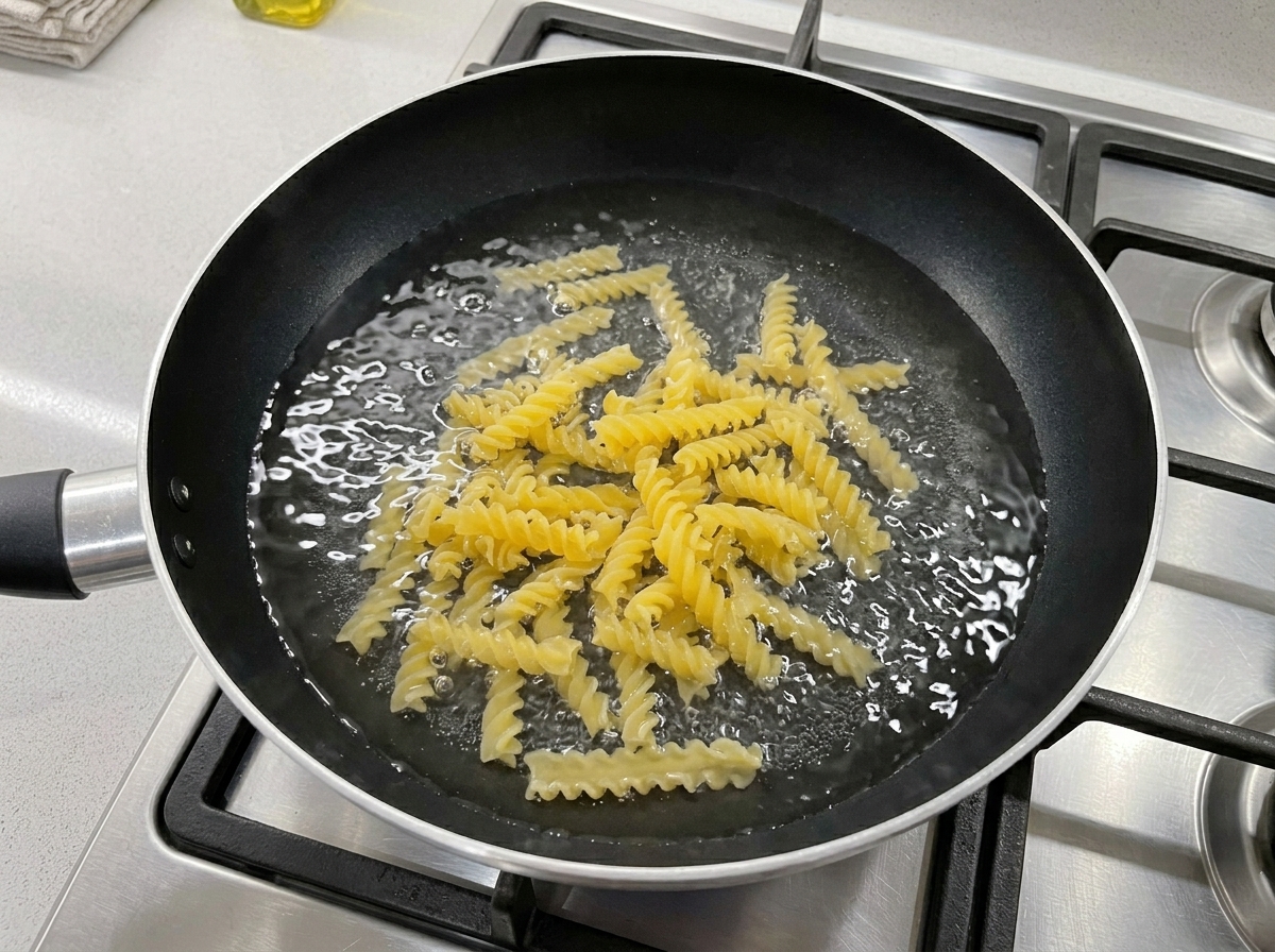 Pasta fusilli seca sumergida en agua fría dentro de una sartén negra antiadherente sobre un fogón de gas.