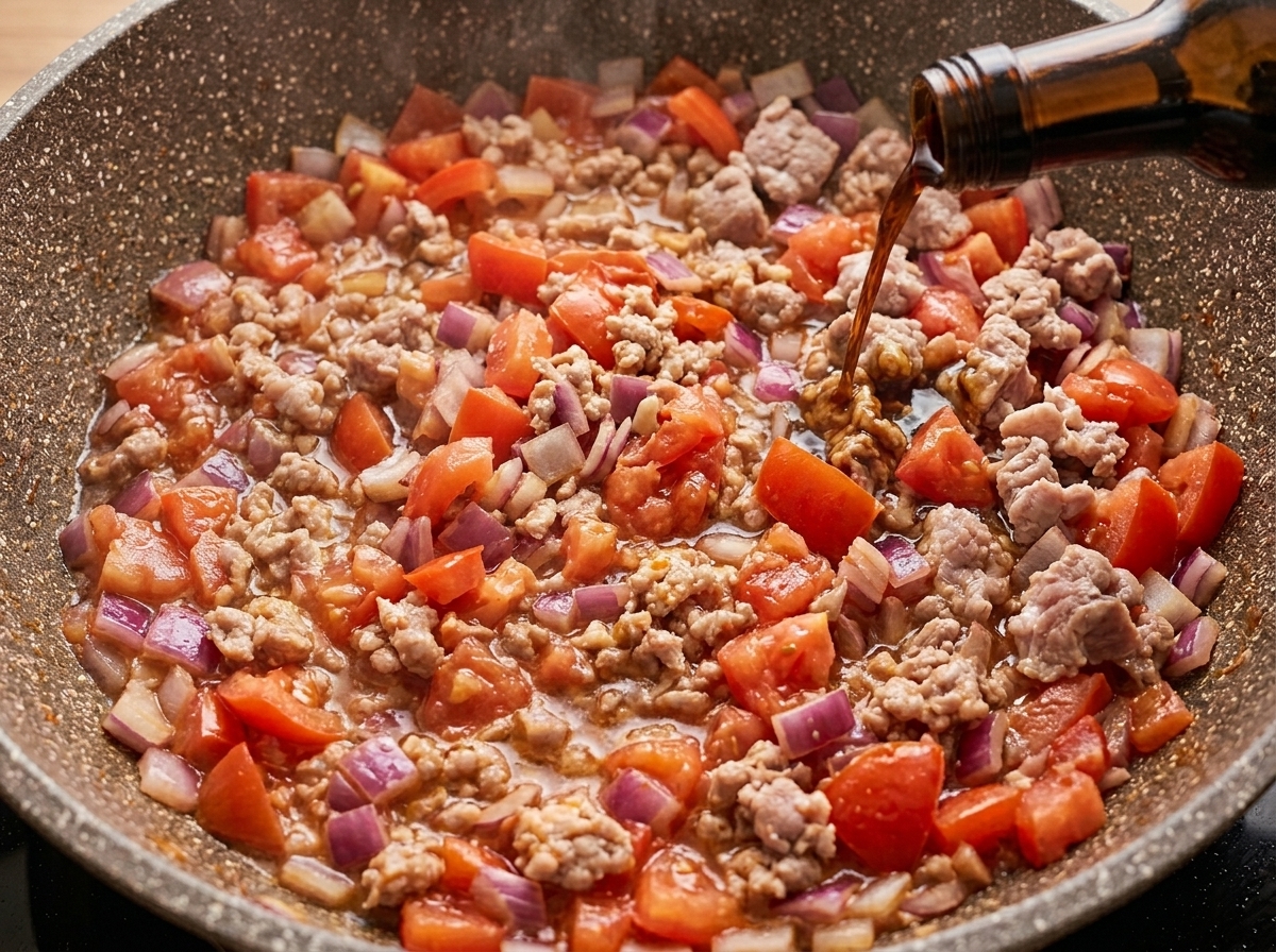 Salsa de soja clara vertiéndose desde una botella de vidrio en una sartén con tomates, beicon y cebolla roja.