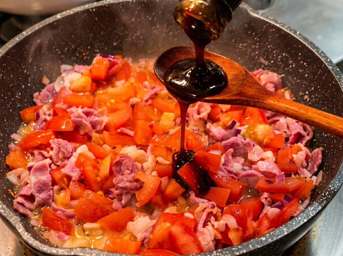 Salsa de ostras oscura y espesa cayendo de una botella a una cuchara de madera sobre una salsa de tomate y beicon burbujeante.