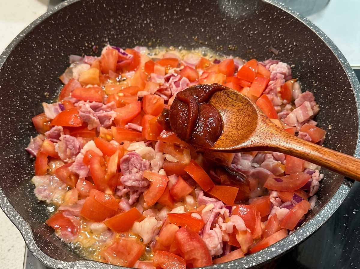 Una cuchara de madera añadiendo ketchup espeso a una sartén con tomates picados, beicon y cebolla.