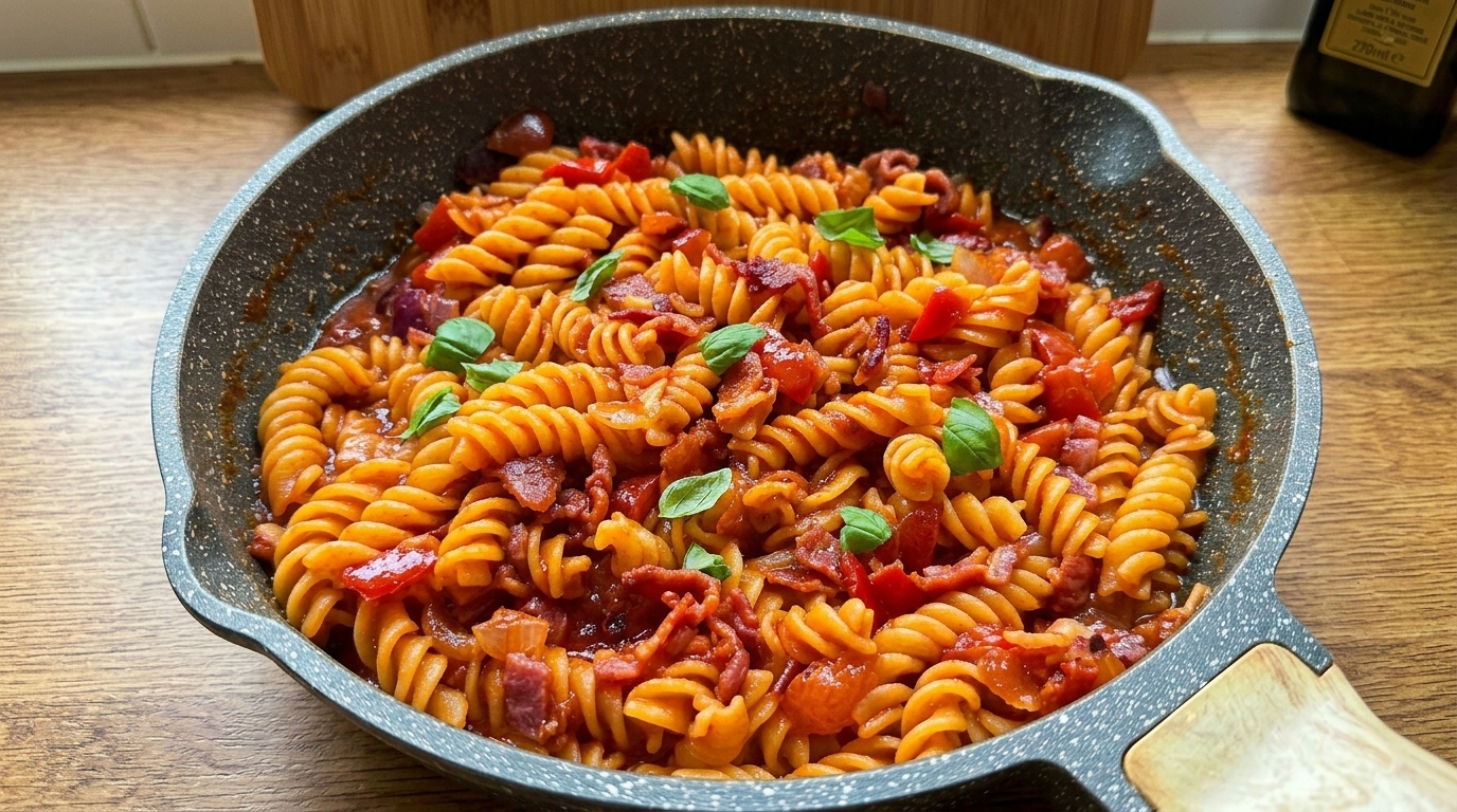 Fusilli con Tomate y Beicon al Estilo Agridulce