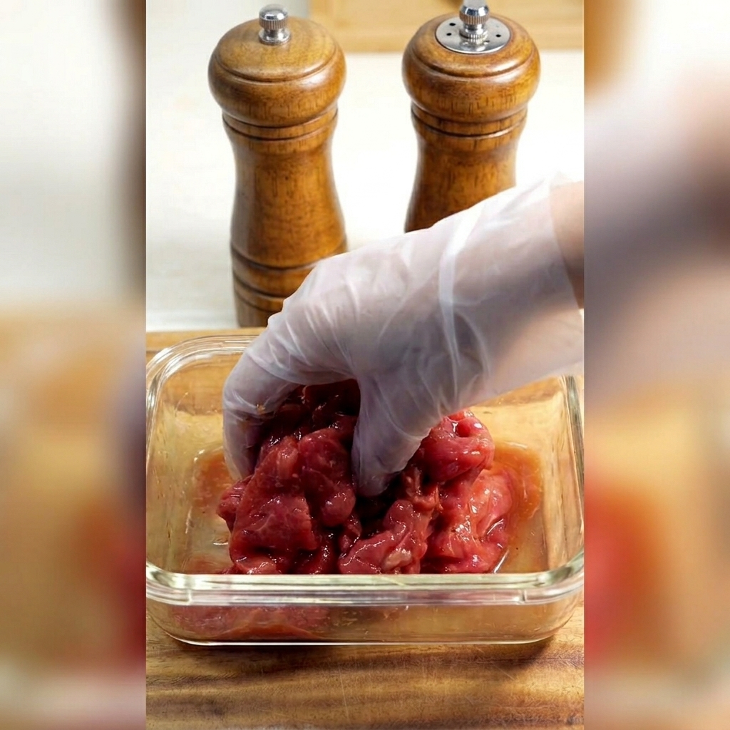 Una mano con guante mezclando láminas de ternera cruda con un marinado oscuro en un recipiente de cristal.