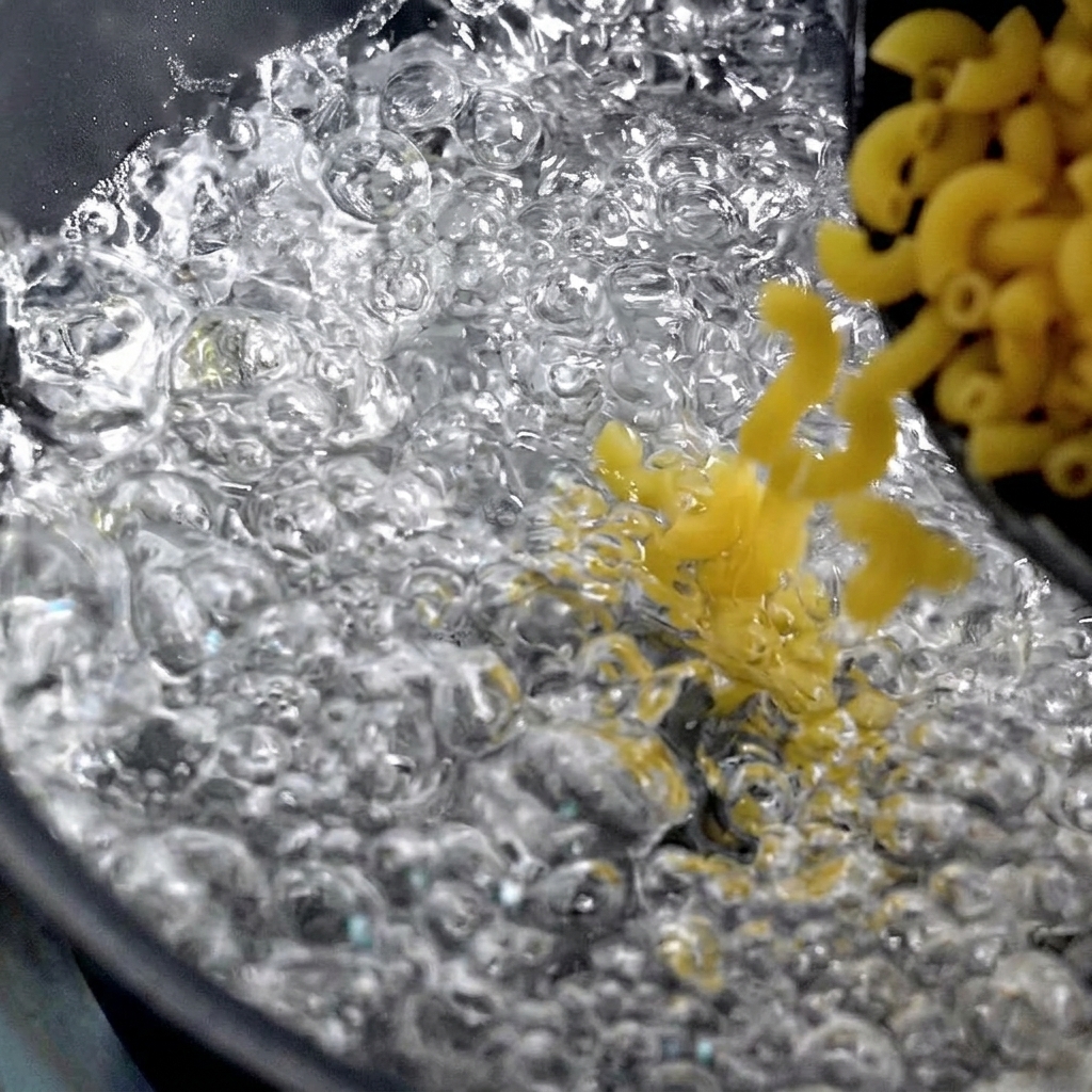 Macarrones amarillos secos vertiéndose en una olla con agua hirviendo con burbujas.