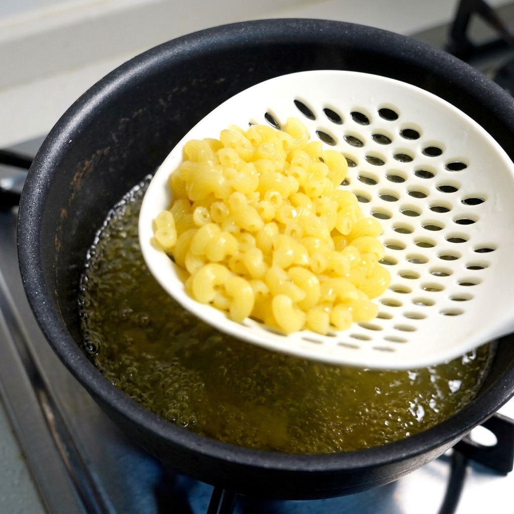 Macarrones de color amarillo pálido cocidos siendo retirados del agua hirviendo con una espumadera blanca.