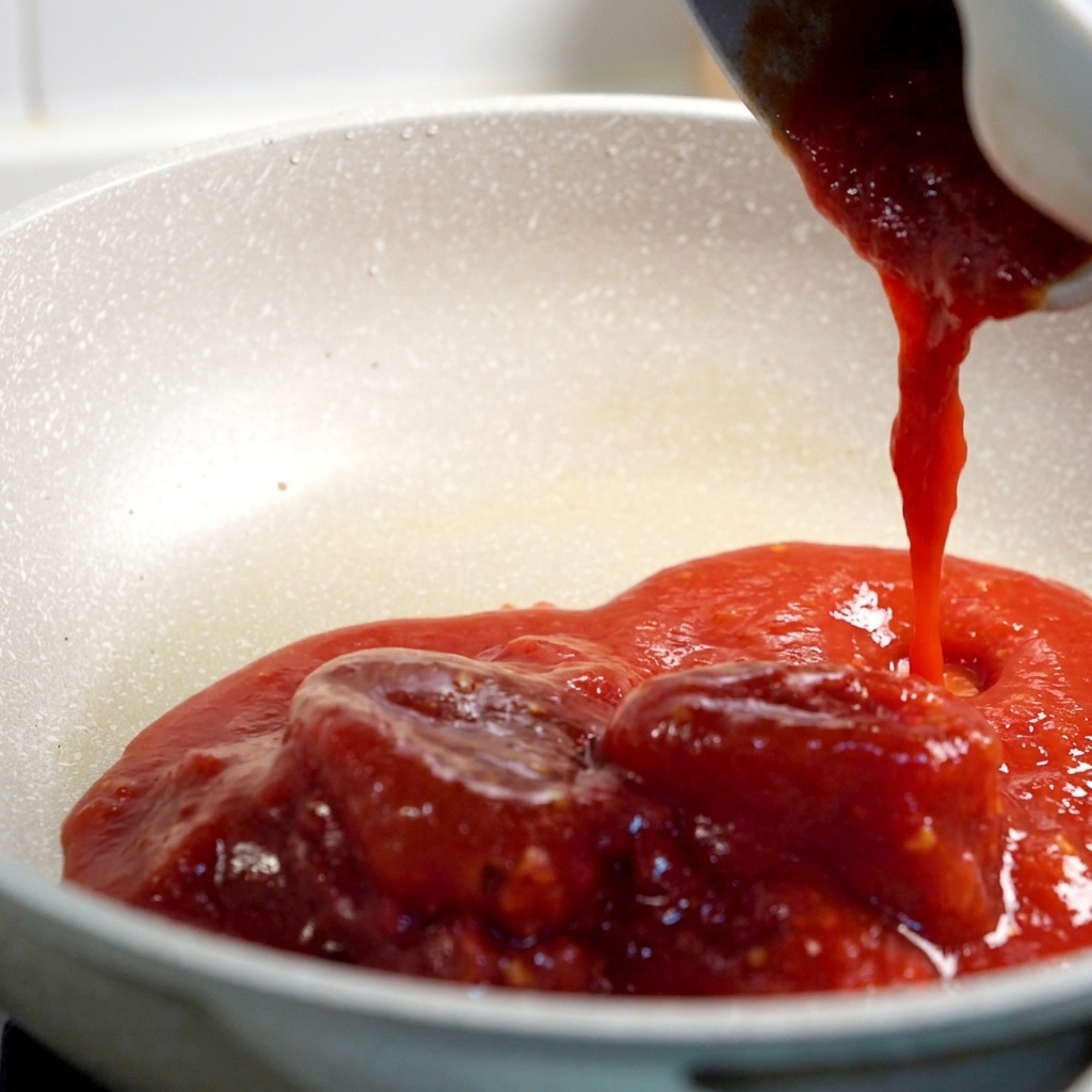 Vertiendo pasta de tomate roja espesa en una sartén sobre trozos de tomates pelados.