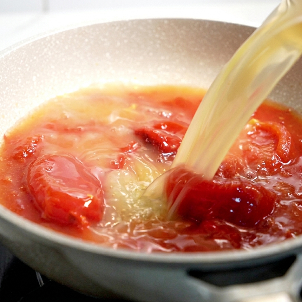 Vertiendo caldo amarillo claro en una sartén llena de una mezcla de tomate roja hirviendo.