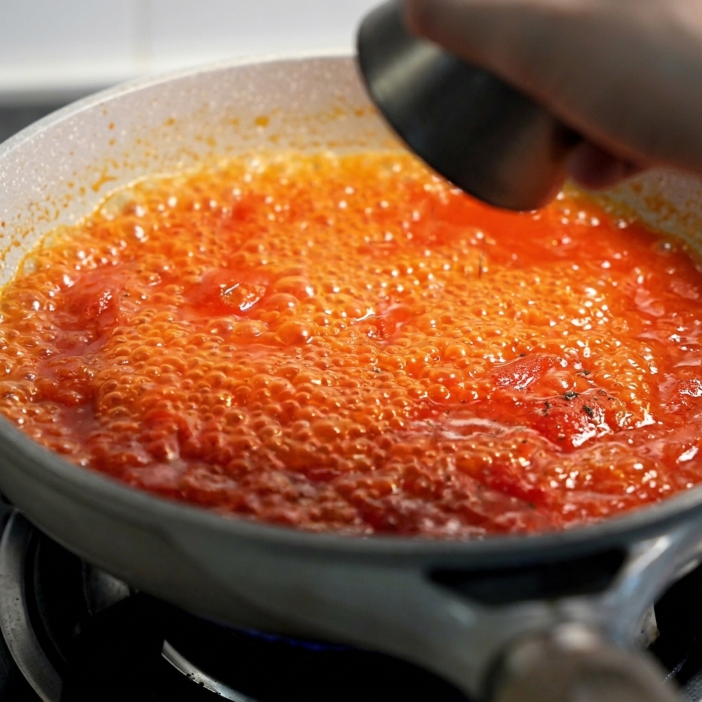 Una salsa de tomate roja brillante burbujeando activamente en una sartén mientras se sazona.