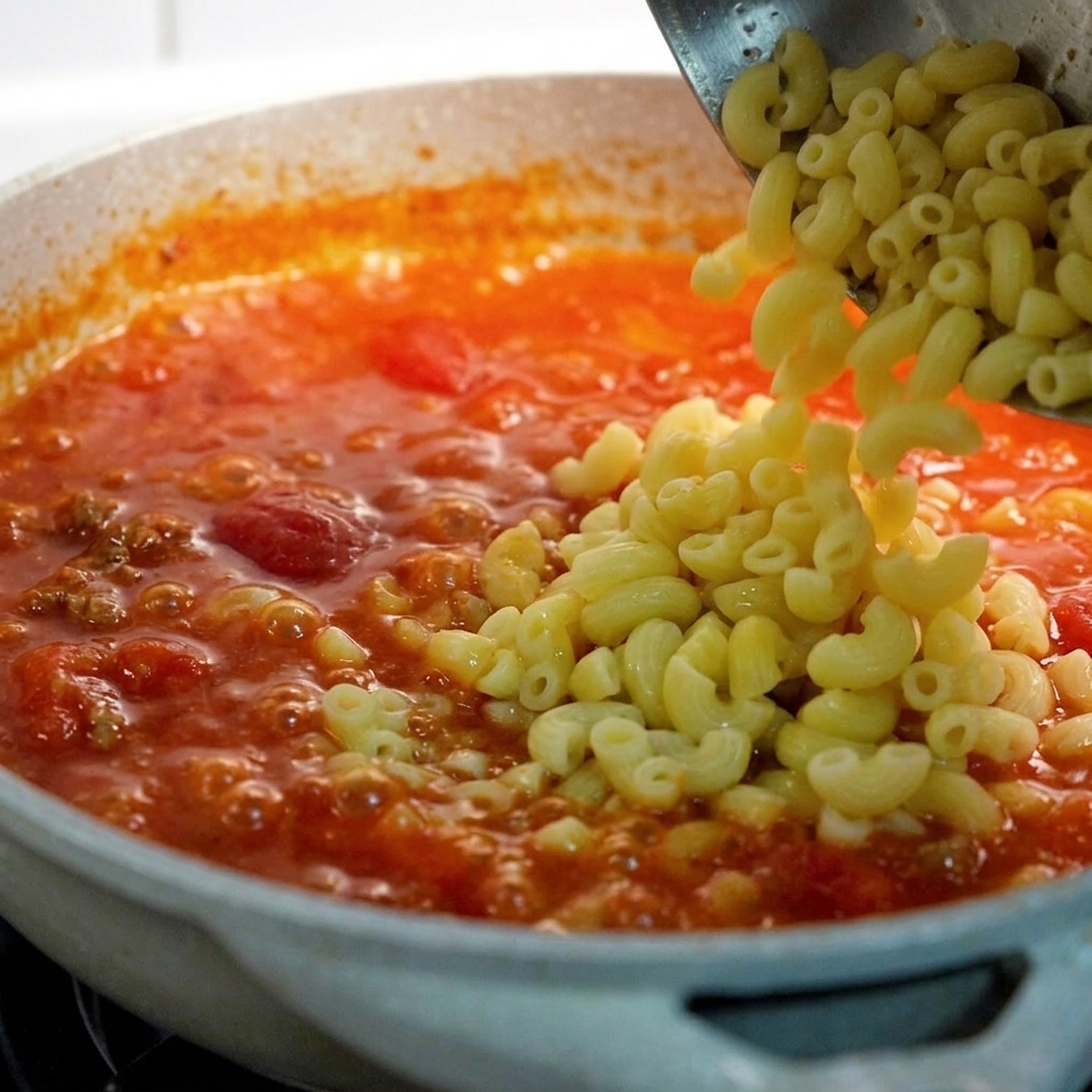 Macarrones cocidos vertiéndose desde un colador en una sartén con salsa de tomate y ternera hirviendo.