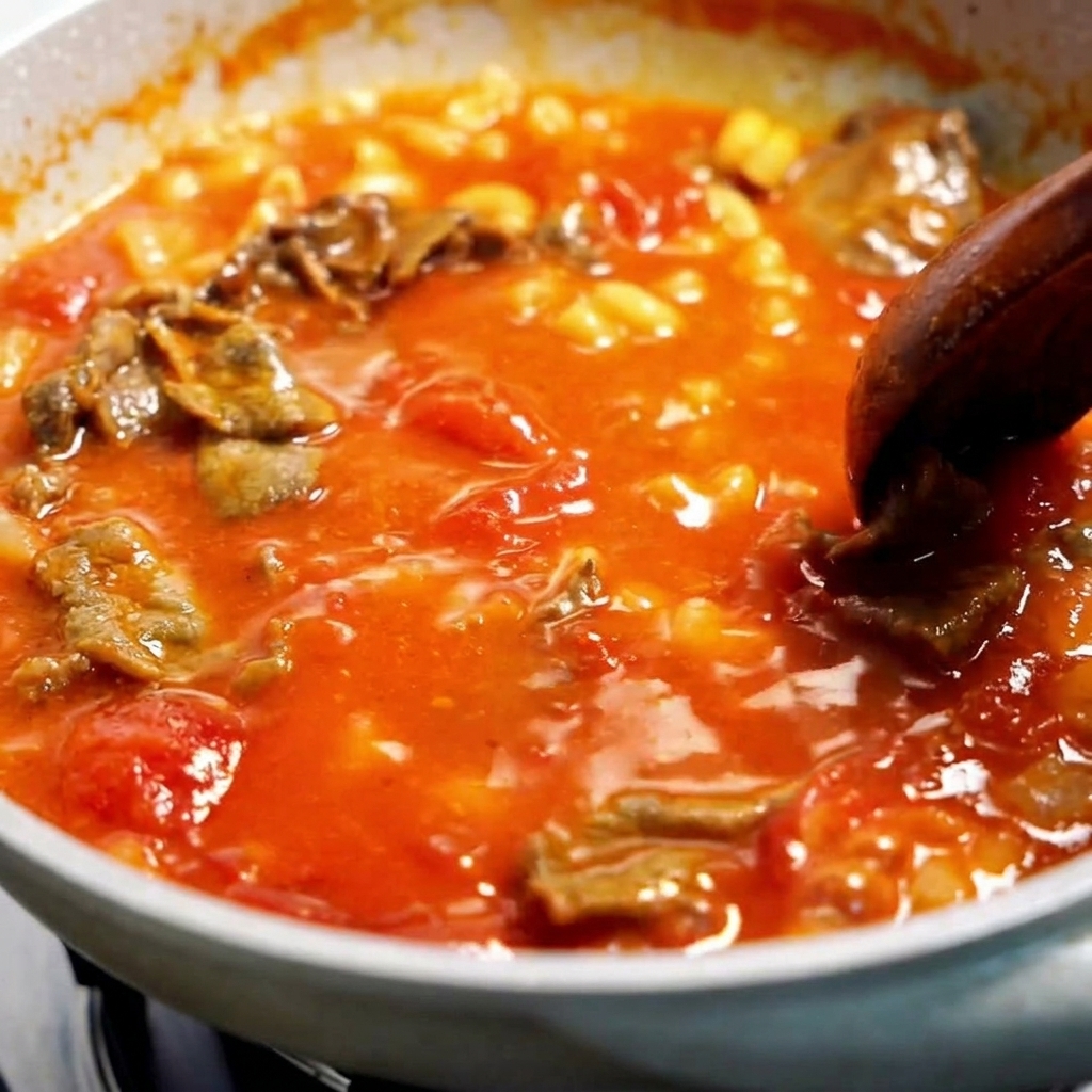 Cuchara de madera removiendo una salsa de tomate espesa mezclada con macarrones y tiernas láminas de ternera.