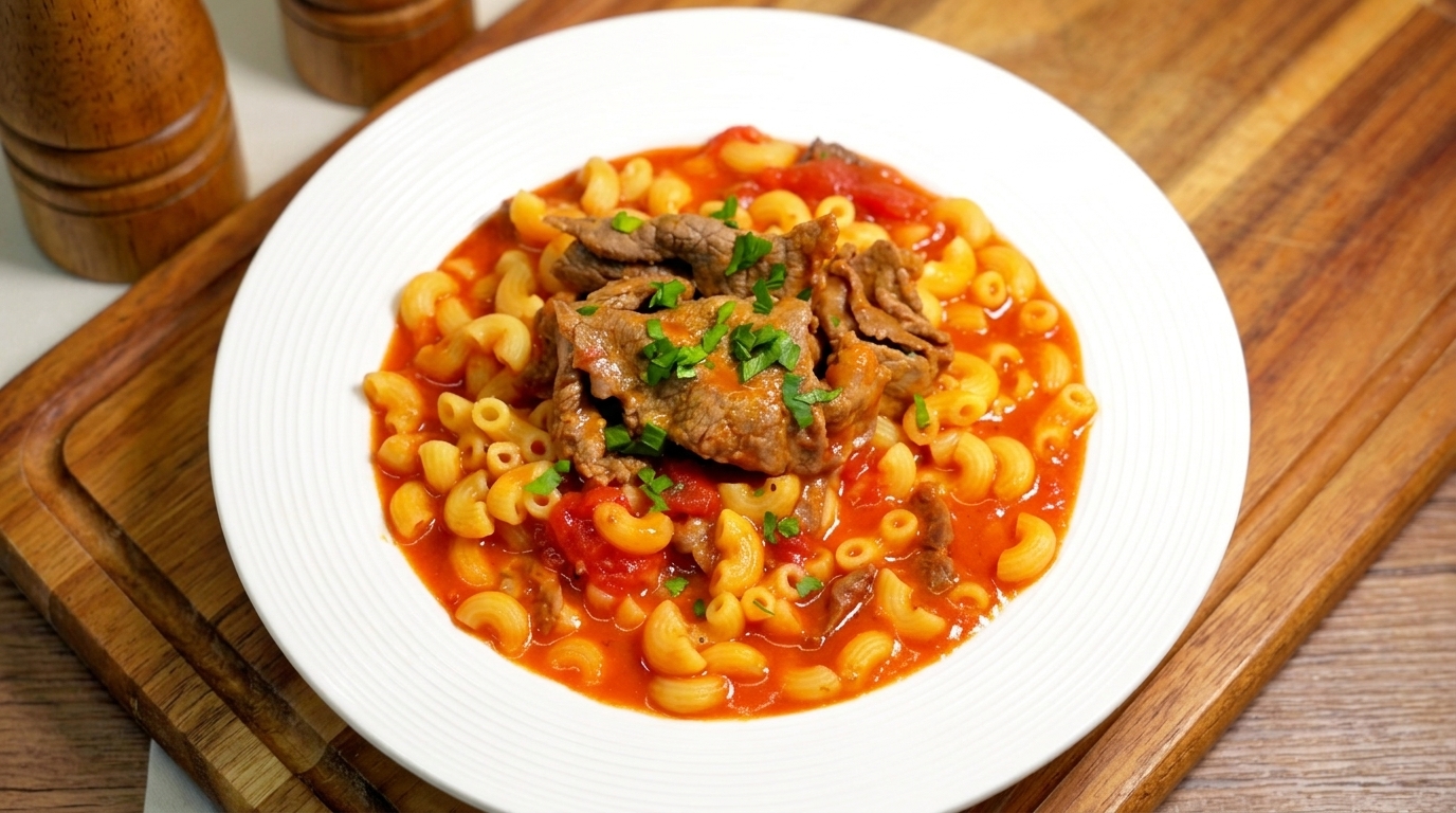 Un apetitoso bol de macarrones con tiernas láminas de ternera bañadas en una rica y brillante salsa de tomate.