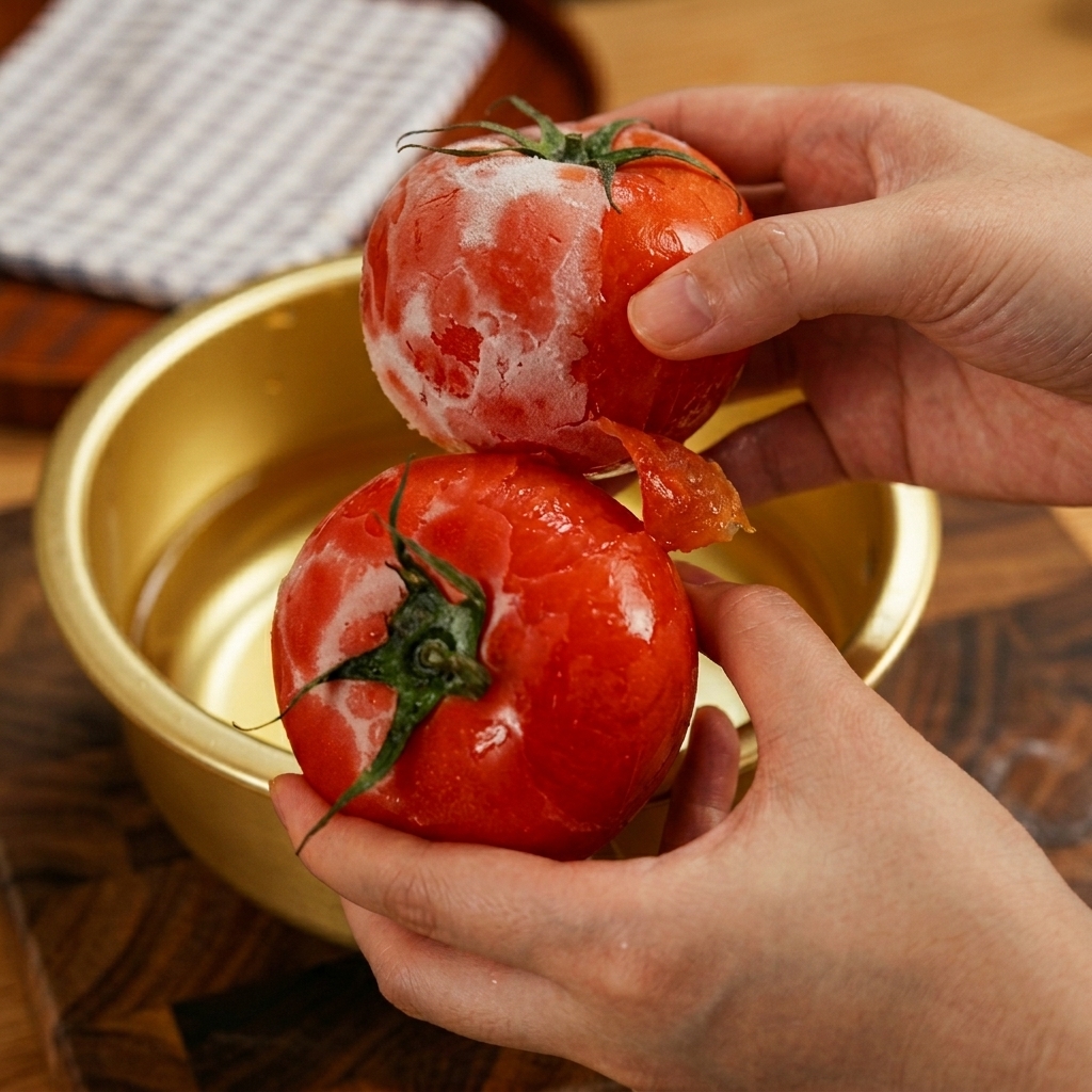 Manos colocando tomates congelados en un cuenco dorado con agua fría.