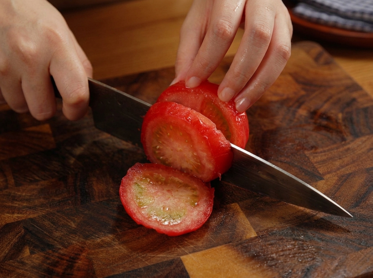 Manos cortando un tomate pelado en rodajas gruesas sobre una tabla de madera oscura.