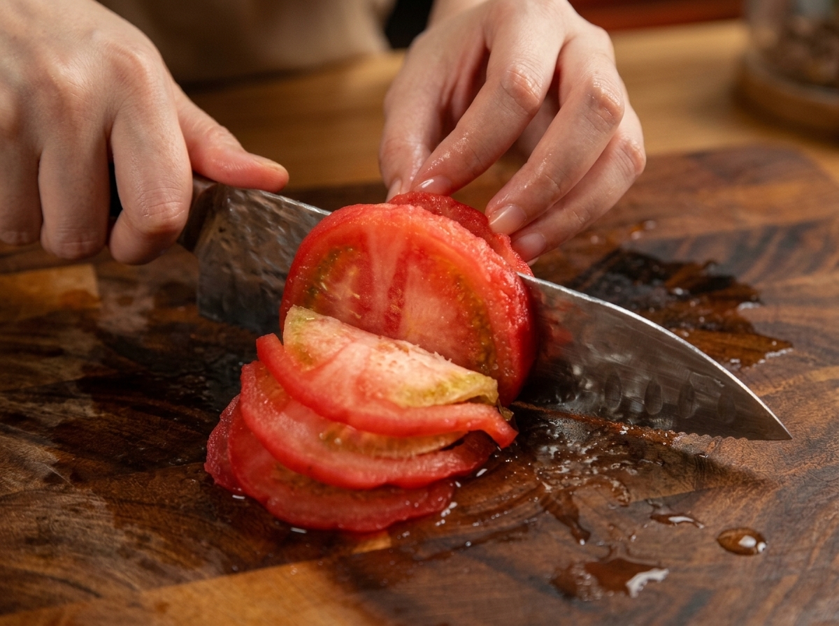 Manos utilizando un cuchillo metálico para picar rodajas de tomate en cubos pequeños sobre madera.