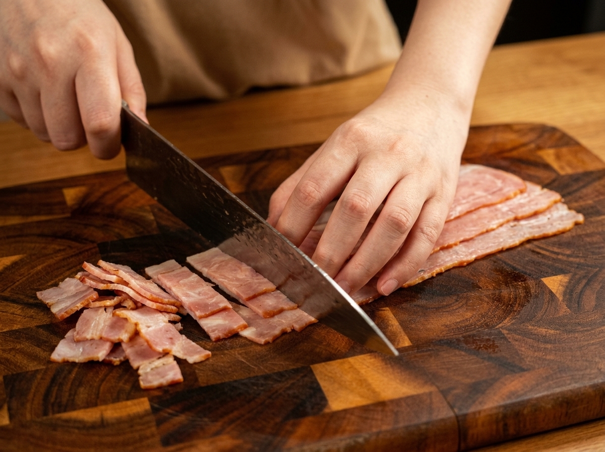 Manos cortando tiras de bacón crudo en trozos pequeños y uniformes.