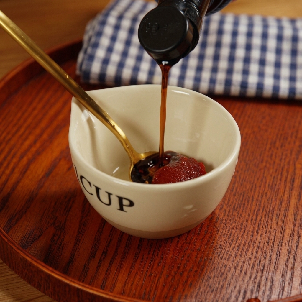 Salsa de soja oscura vertiéndose desde una botella en un pequeño cuenco con pasta de chile coreana.