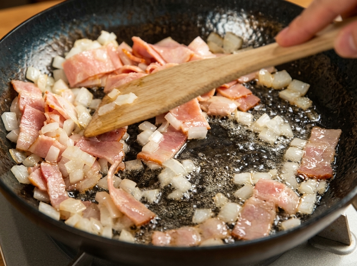 Espátula salteando trozos de bacón y cebolla picada en una sartén caliente.