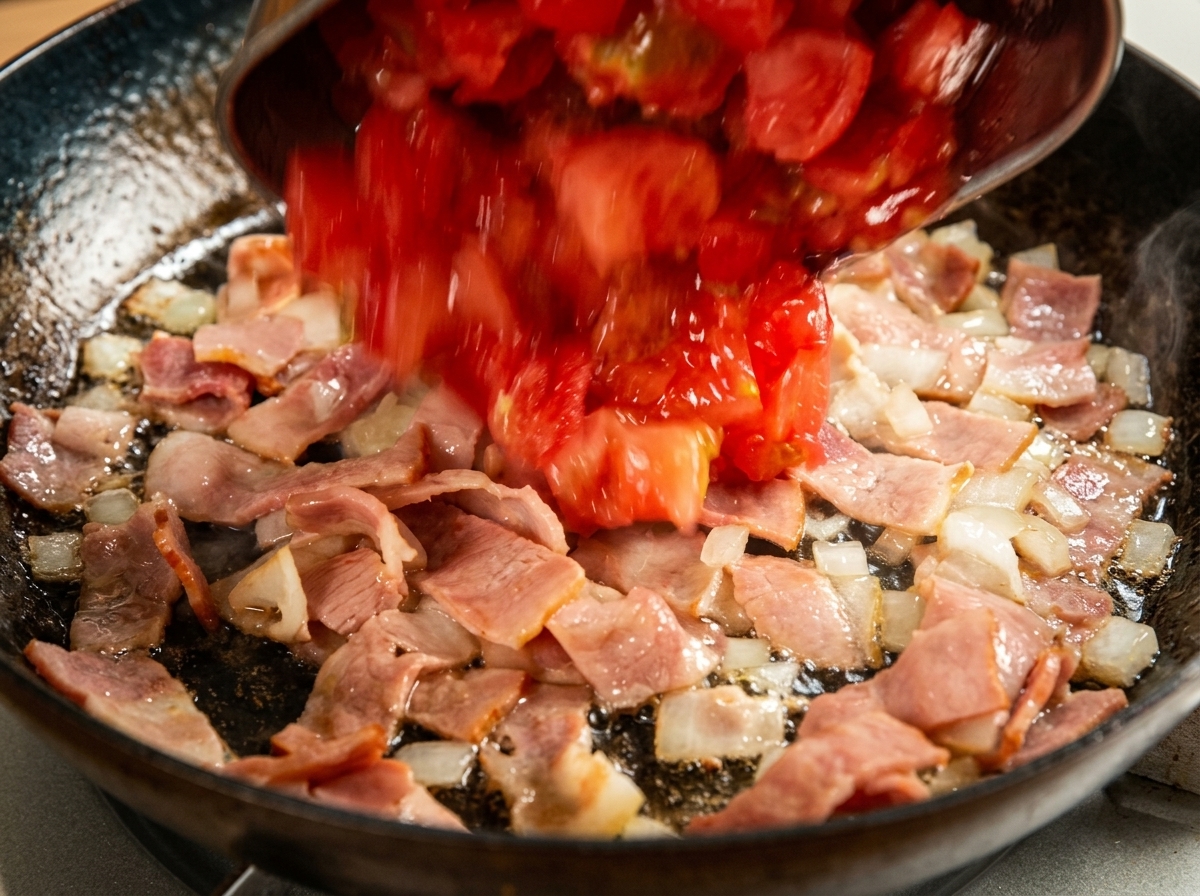 Tomates troceados vertiéndose en una sartén con bacón y cebolla sofritos.
