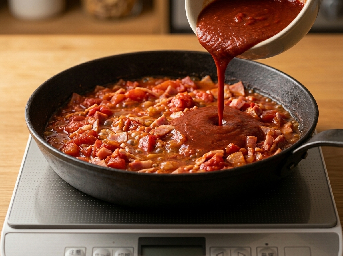 Salsa roja picante vertiéndose desde un cuenco blanco en una sartén con tomates, bacón y cebolla.