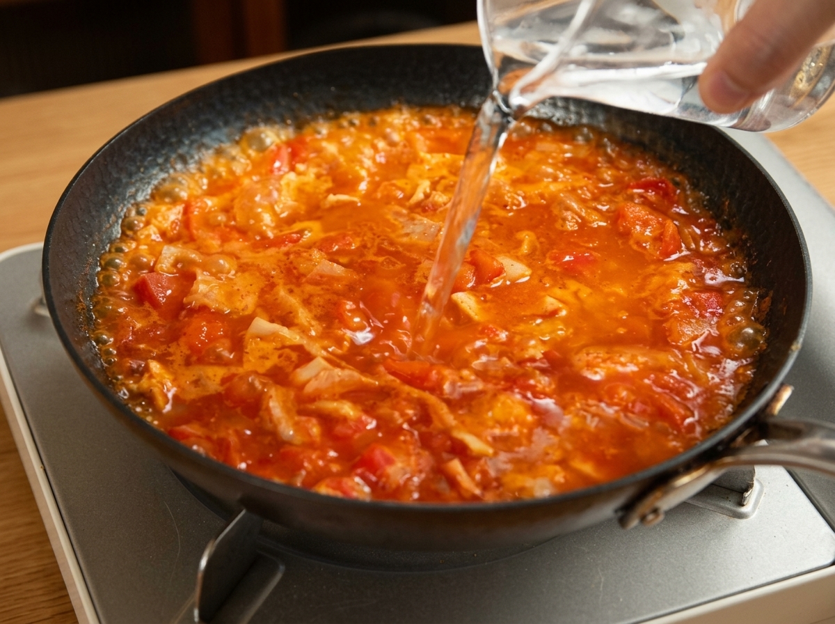 Agua vertiéndose en una salsa de tomate y bacón burbujeante en la sartén.