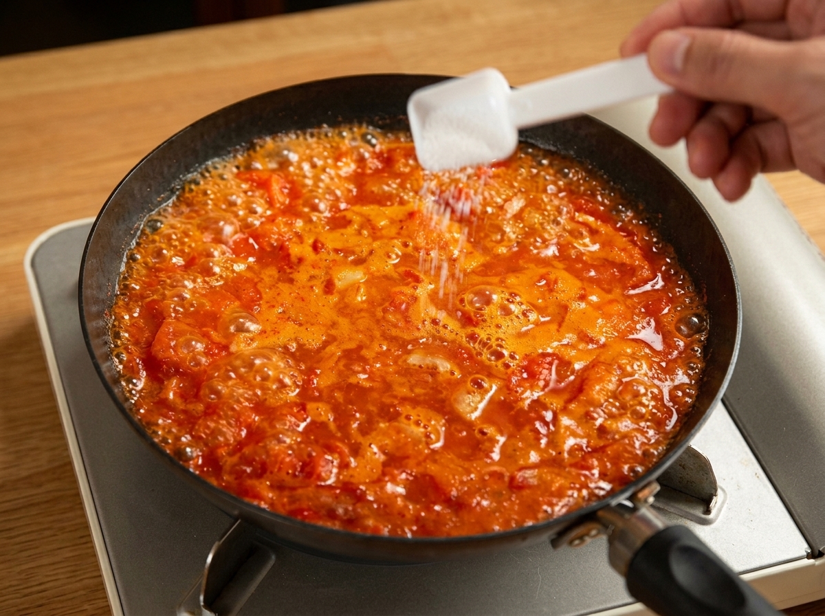 Mano con una cuchara medidora blanca espolvoreando sal en una salsa de tomate roja hirviendo.