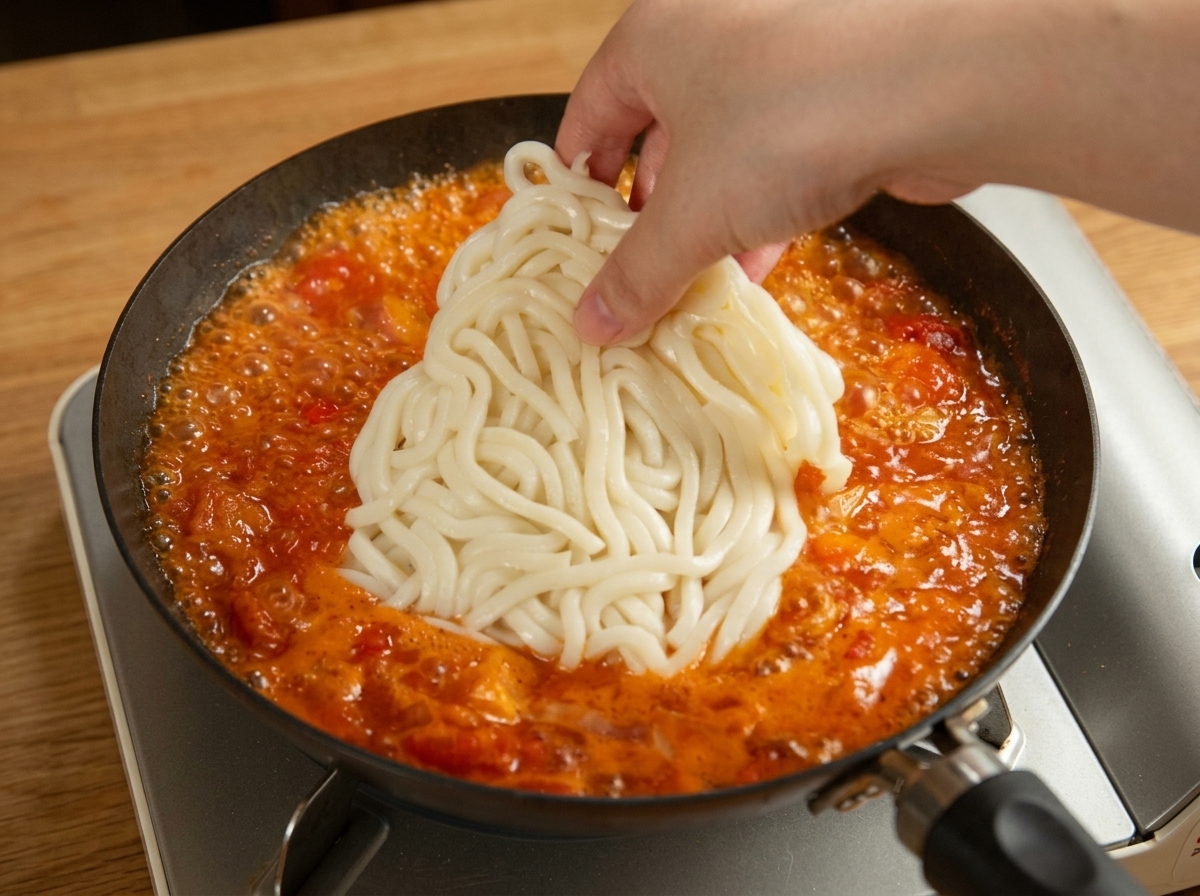 Mano colocando un bloque de fideos udon blancos en la sartén con salsa de tomate picante.