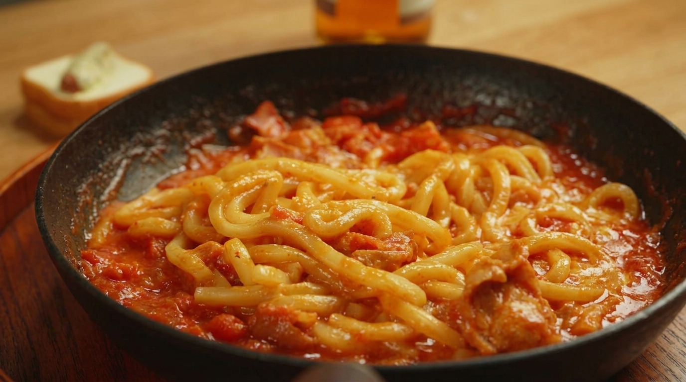 Udon Cremoso con Tomate, Bacón y Queso