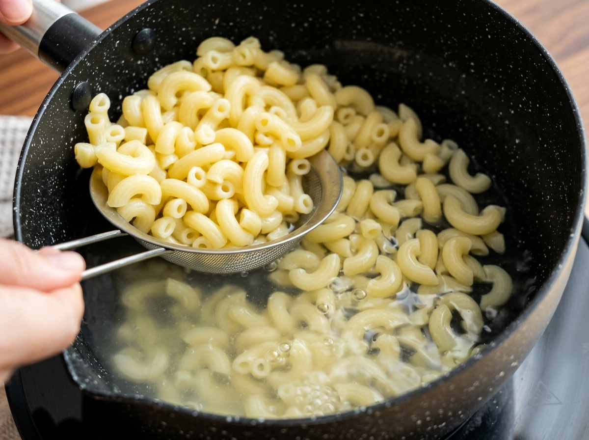 Macarrones cocidos sacados de una olla de agua caliente con un colador de malla.