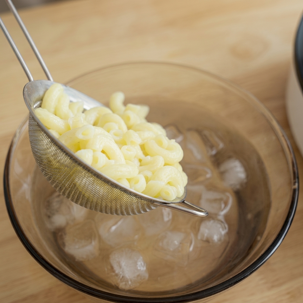 Macarrones calientes pasados de un colador a un bol de cristal con agua fría y cubitos de hielo.
