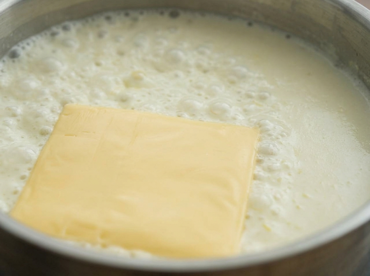 Una rebanada cuadrada de queso amarillo derritiéndose en una cremosa salsa de leche blanca burbujeante en una sartén.