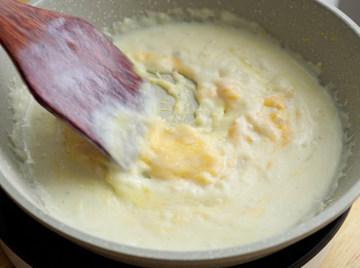 Una espátula de madera removiendo rebanadas de queso a medio derretir en un líquido blanco y cremoso dentro de una sartén clara.