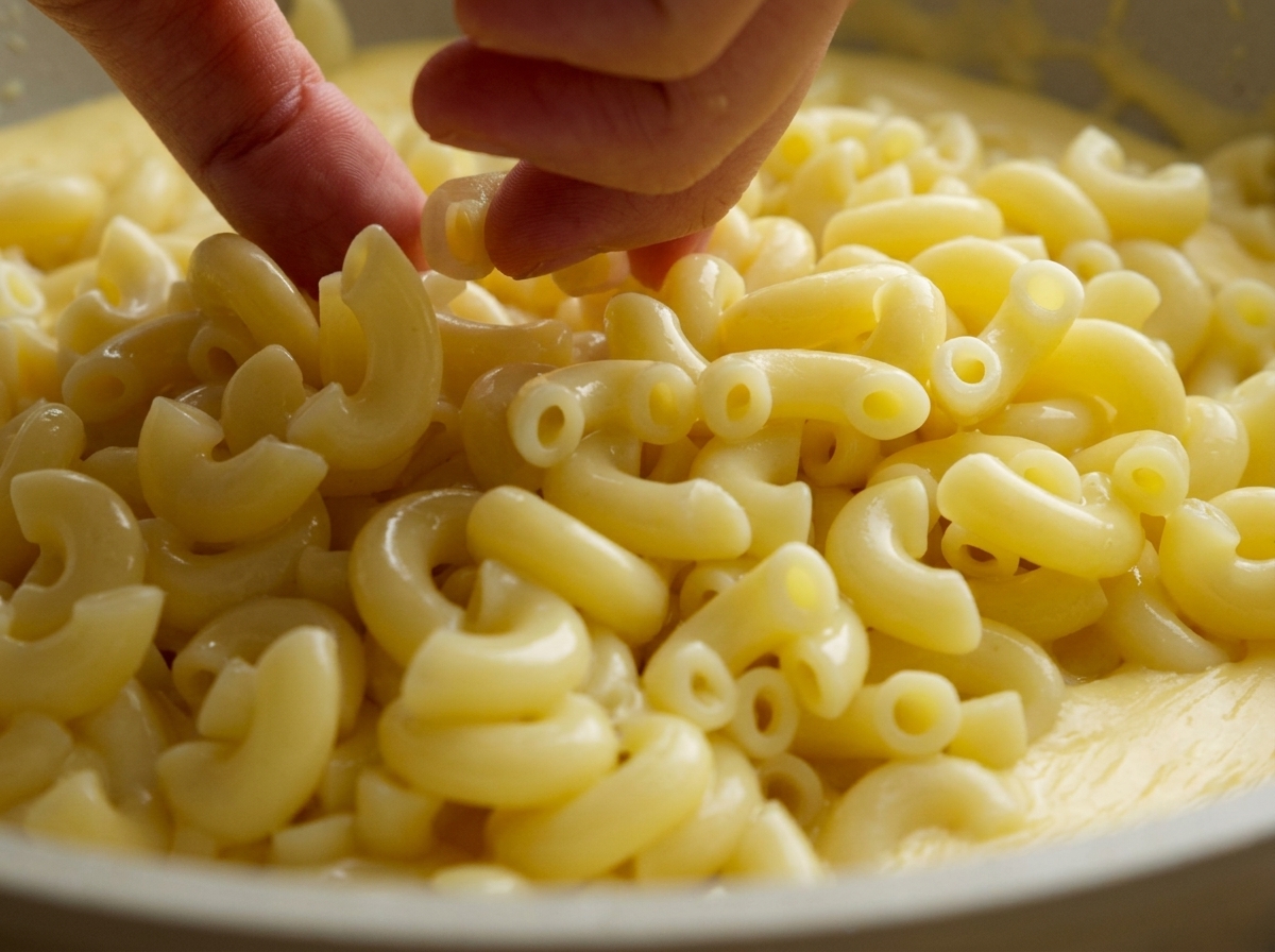 Dedos dejando caer suavemente puñados de macarrones cocidos en una sartén llena de suave salsa de queso.