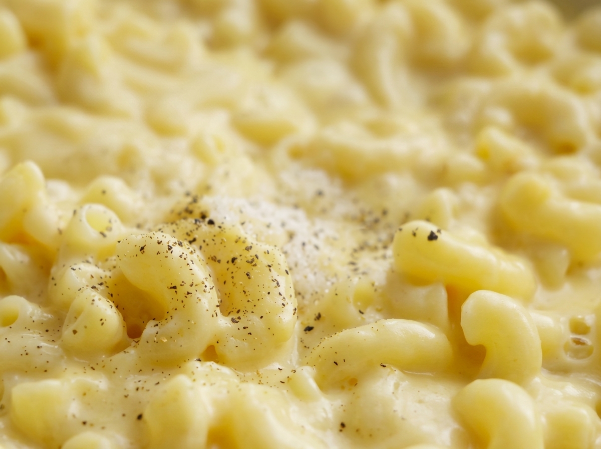 Primer plano de unos cremosos macarrones con queso salpicados de pimienta negra recién molida.