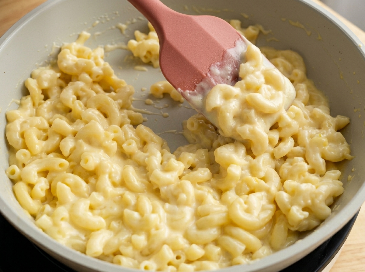 Una espátula de silicona rosa removiendo cremosos macarrones con queso en una sartén de color claro.