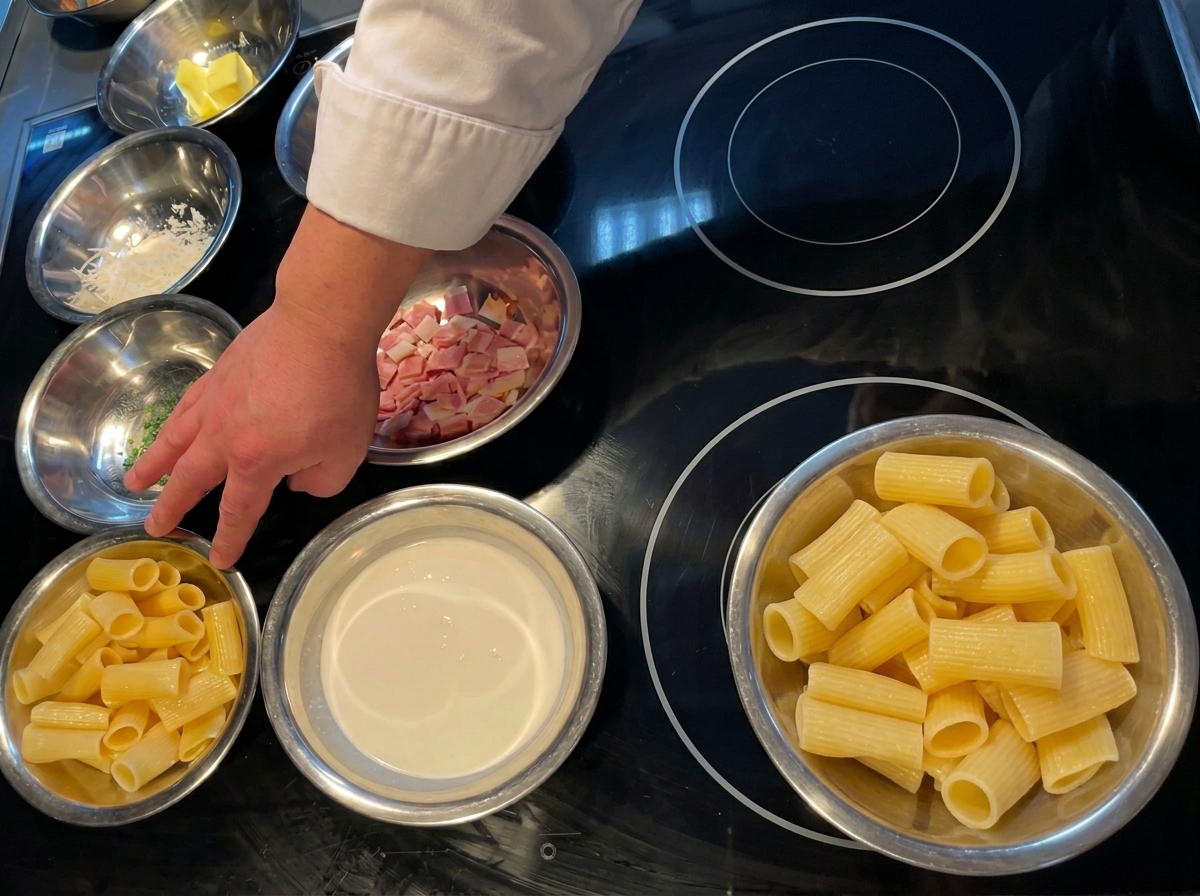 Ingredientes de cocina medidos, incluyendo macarrones, nata y dados de bacón, dispuestos en pequeños cuencos metálicos.