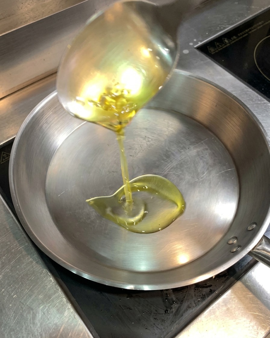Un cazo vertiendo aceite de cocina transparente en una sartén de acero inoxidable caliente.
