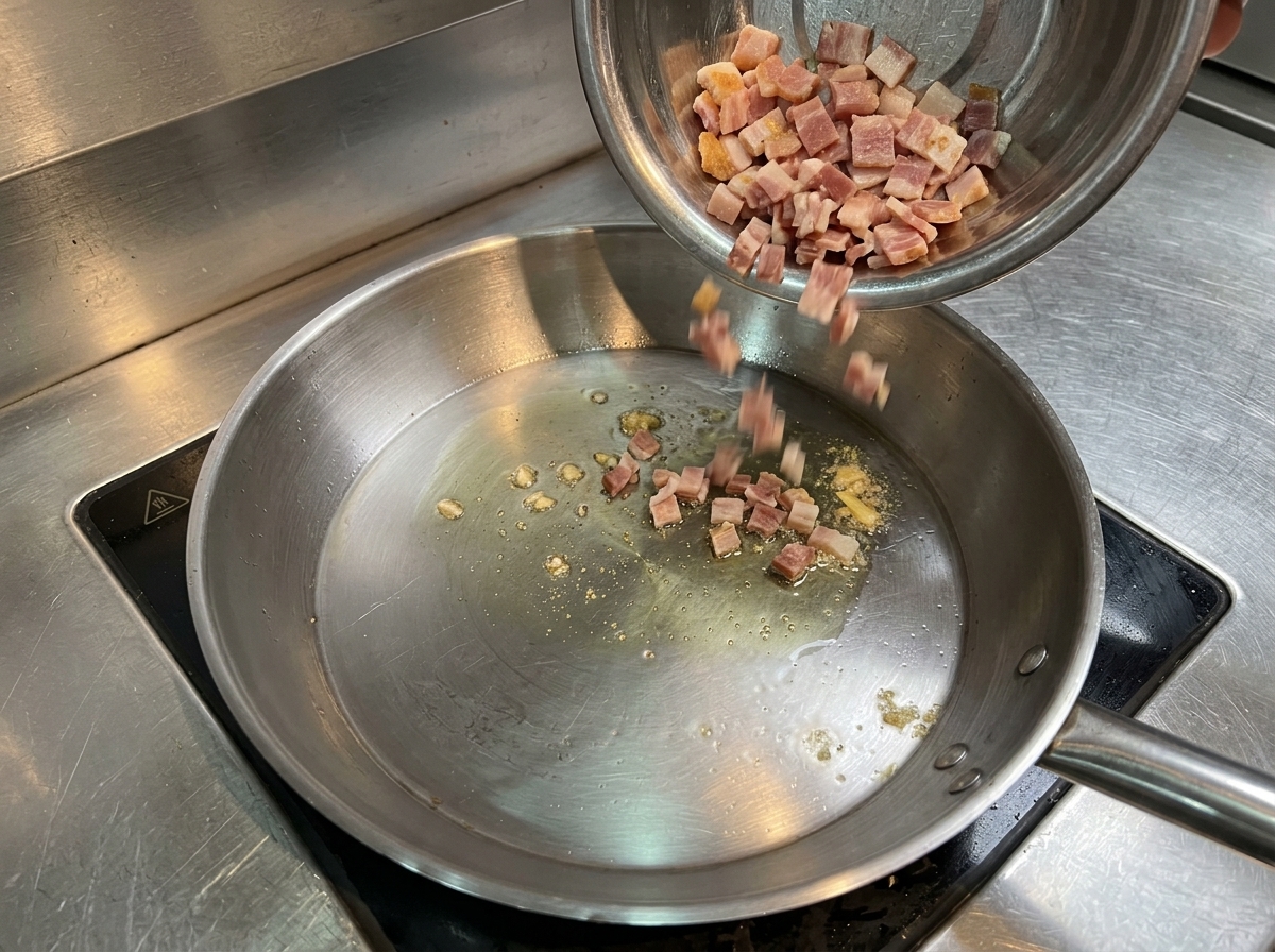 Bacón crudo en dados cayendo en una sartén caliente con aceite desde un cuenco metálico.